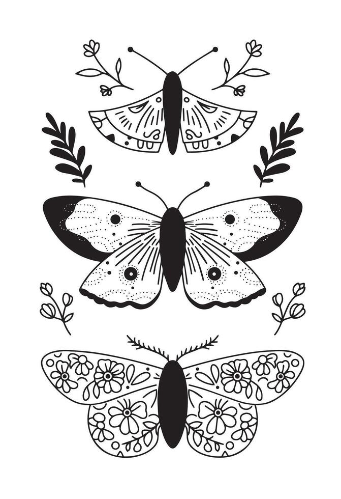 Set of mystical butterflies in boho style. vector
