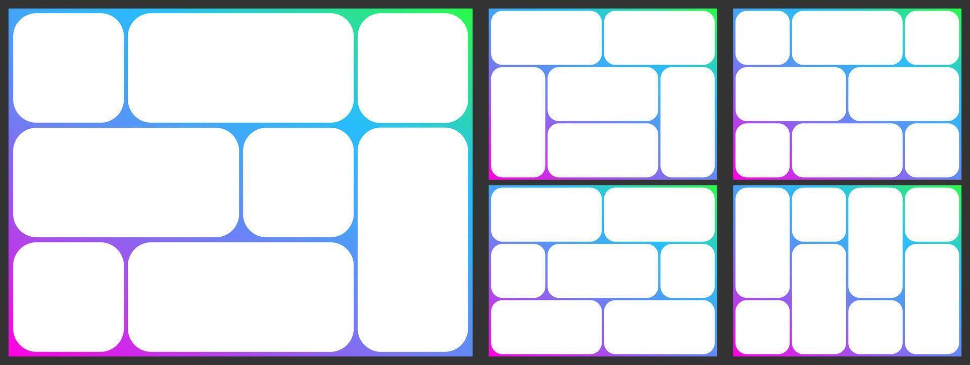 Grid template layout, geometric shapes photo collage design. 4x3 bento moodboard background. Abstract poster montage board, Square circle box image gallery album. Rectangle banner slide page vector
