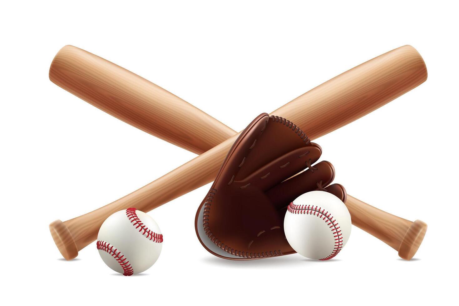 Baseball ball. bat glove realistic isolated. White softball, 3d wood stick, player base equipment clipart. Wooden vintage tool, american field sport game, brown leather pitcher catcher mitten vector
