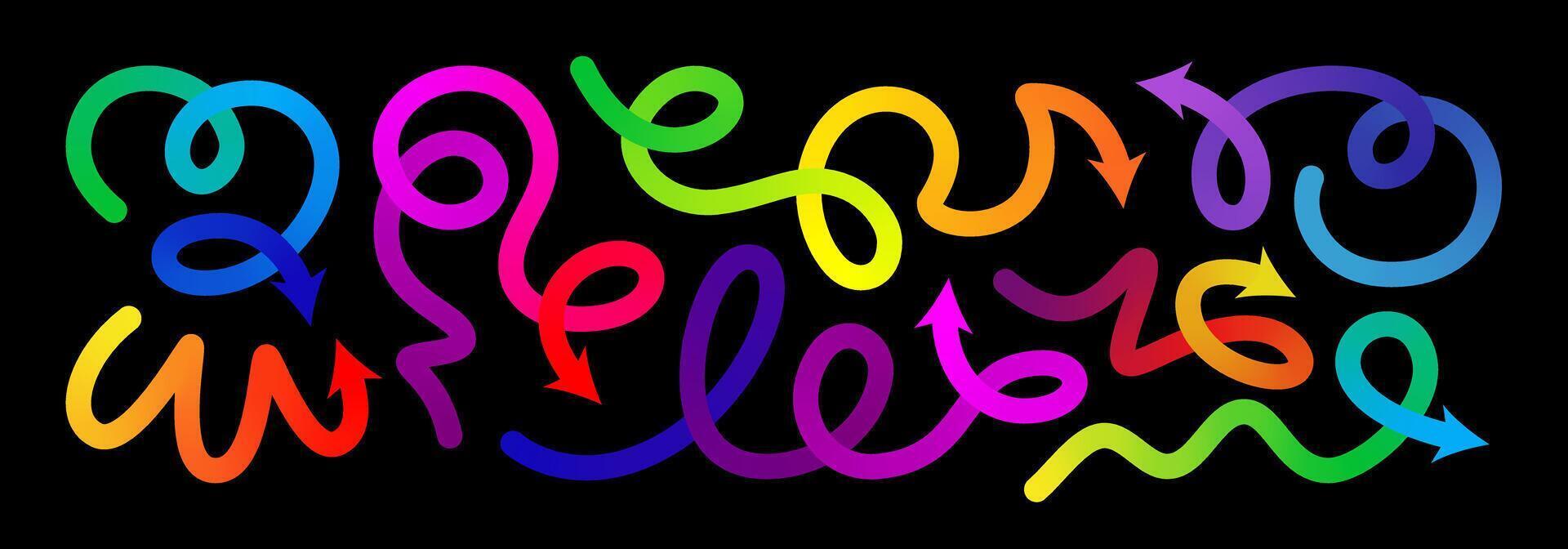 Gradient line arrow set. Curved shape doodle icon element, gradation squiggly brush bg. Up and down direction, scribble stroke carnival pattern. Change plan graphic sign, color circle curly bold vector