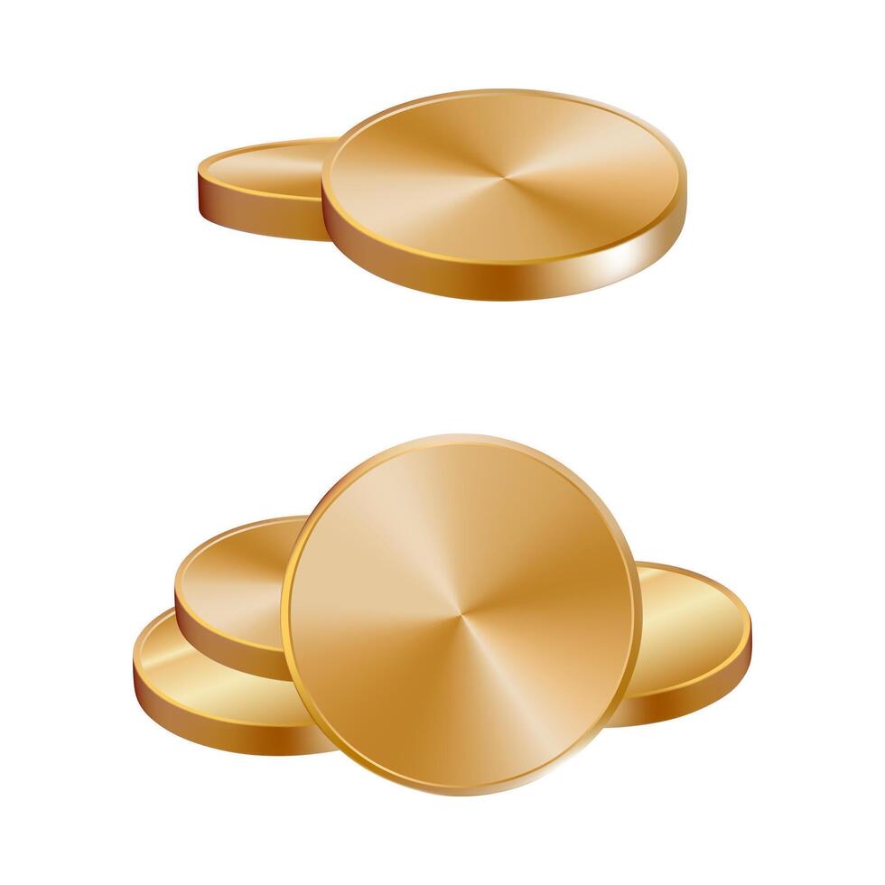 Golden coins small pile, 3d medal stack drop render icon. Falling cash stack currency change. Casino game chips loan. Premium loan icon emoji. Money mountain bunch isolated. Realistic finance vector