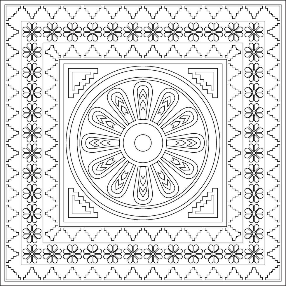 square Assyrian black outline ornament. Rectangle, border, frame of Mesopatamia. vector