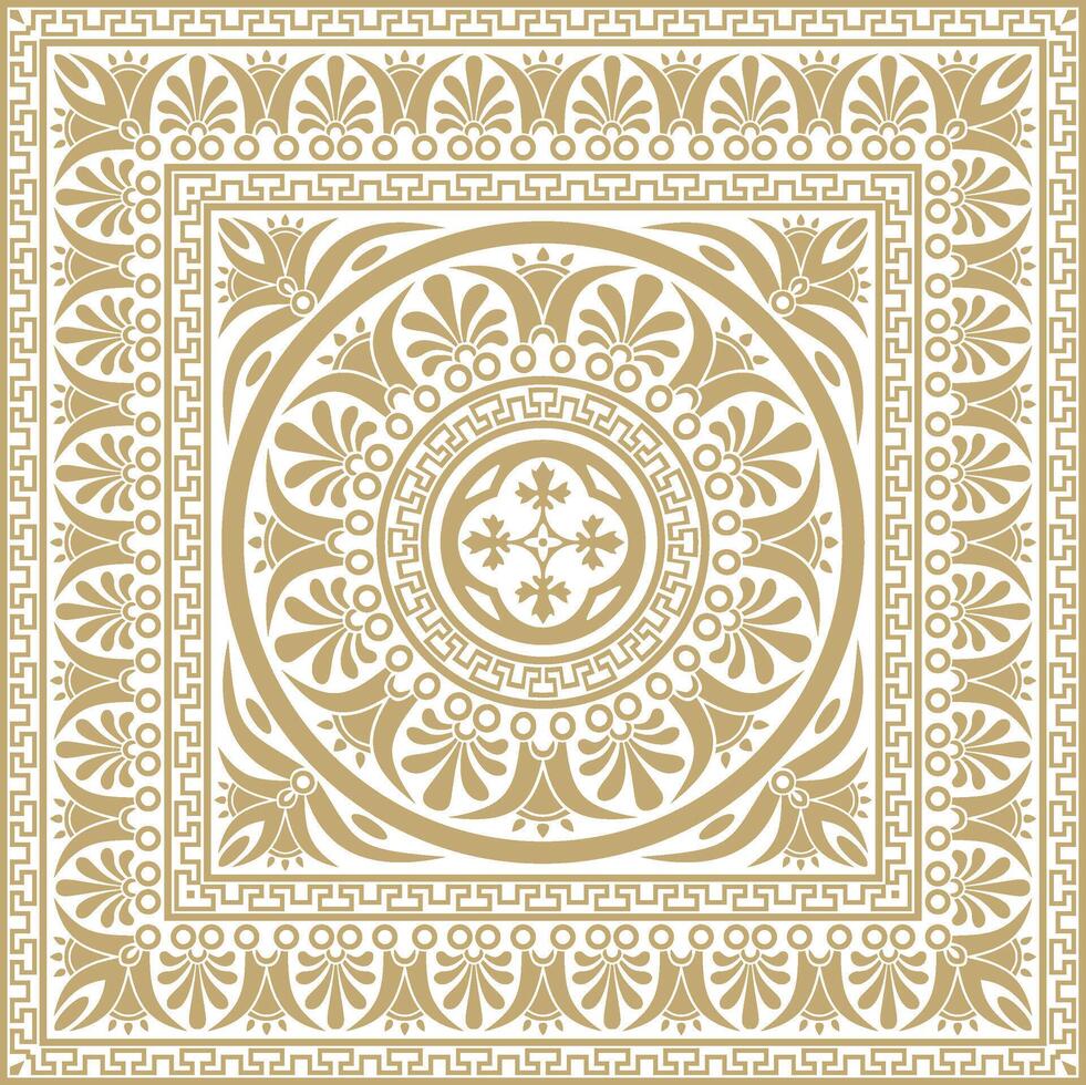 golden classic Greek square ornament. Rectangle of Ancient Greece and Roman Empire. Byzantine painting of walls, floor and ceiling. Decoration of European palace vector
