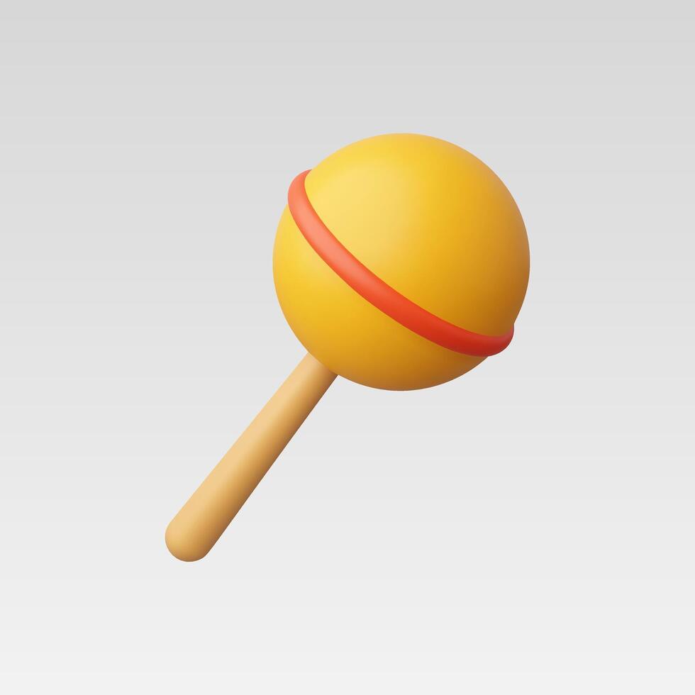 A vibrant yellow children's rattle with a wooden handle. vector