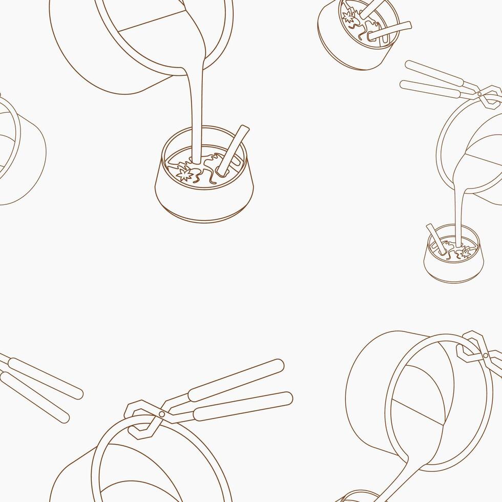 Editable Outline Three-Quarter Top View of Pouring Masala Chai from Pan into Pottery Cup Vectorized Illustration Seamless Pattern for Background of Beverages With South Asian Culture and Tradition vector