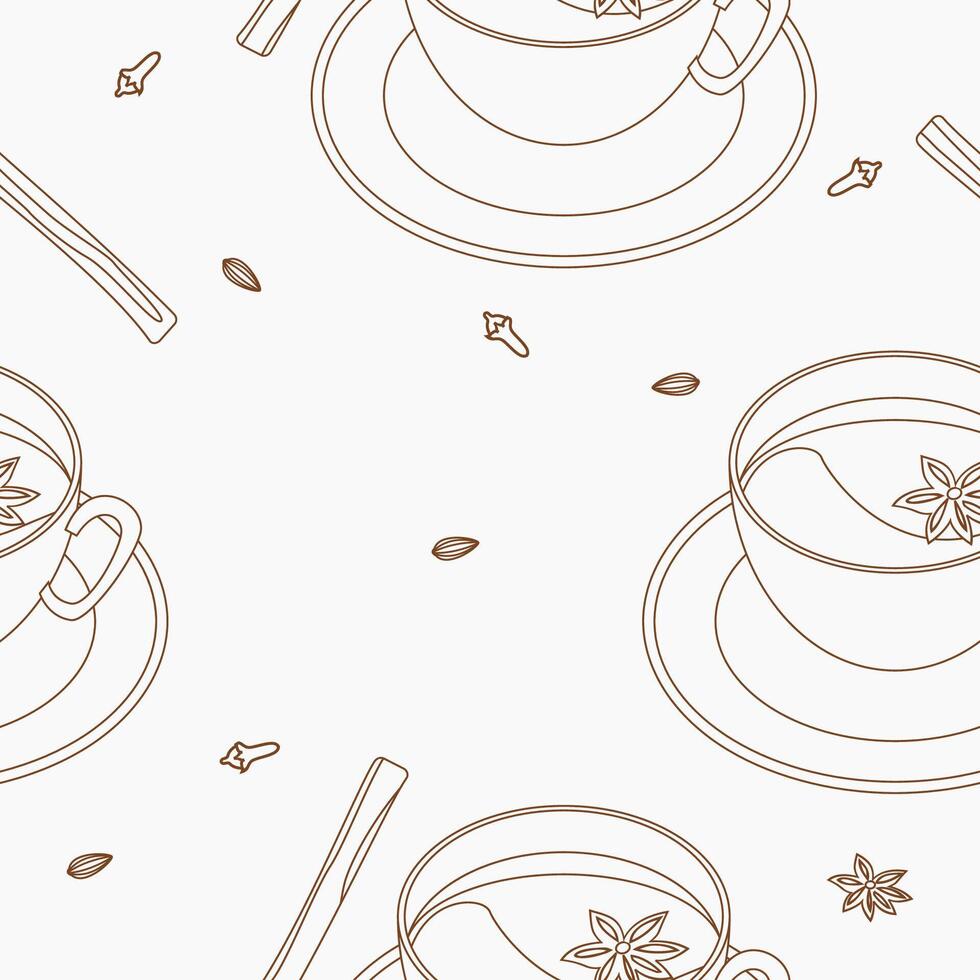 Editable Outline Three-Quarter Top View Cup of Masala Chai with Star Anise and Herb Spices Vectorized Illustration Seamless Pattern for Background of Beverages With South Asian Culture and Tradition vector