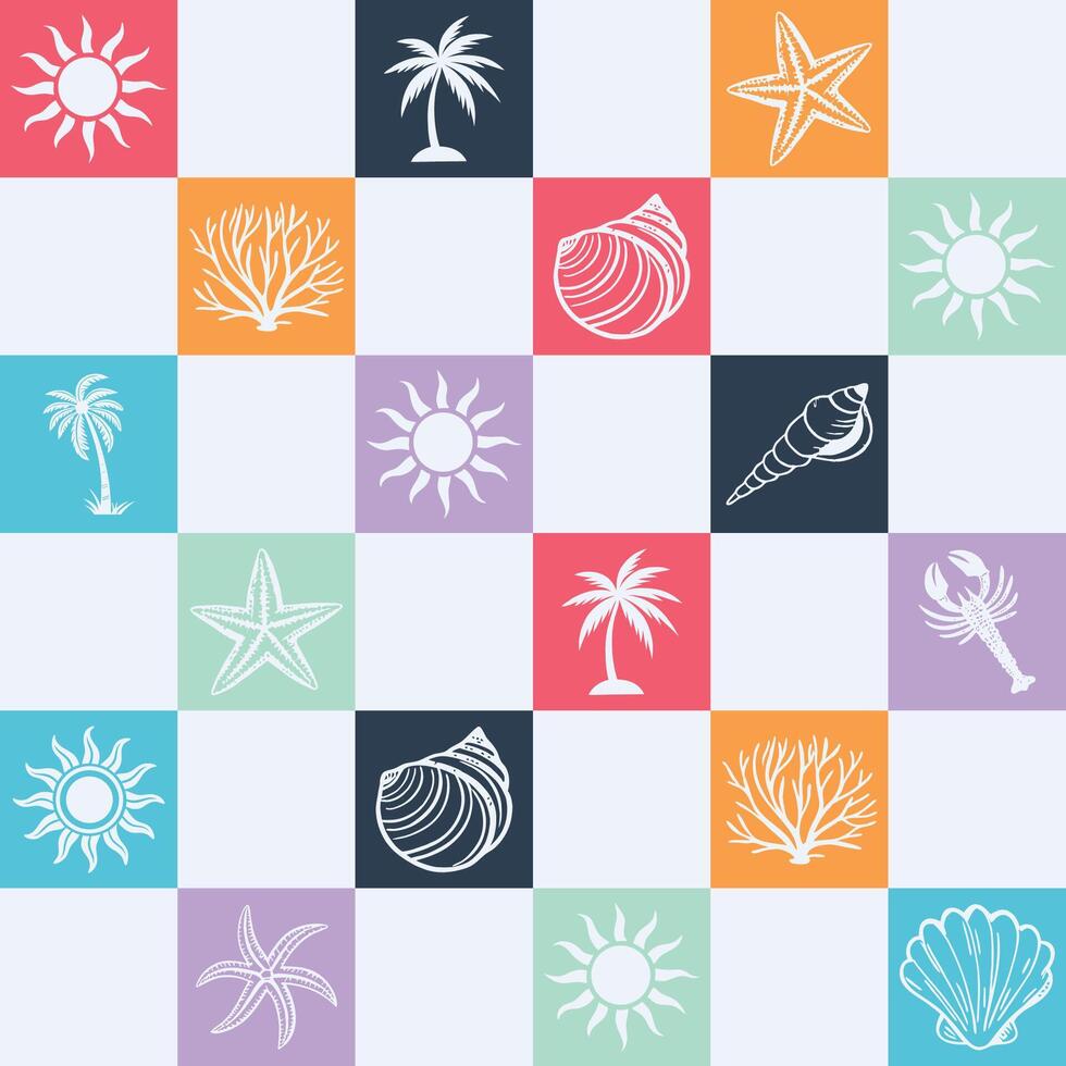 Colorful Summer Beach Icon Pattern Sea Creatures, Shells, Palms and Suns in Playful Grid Layout vector