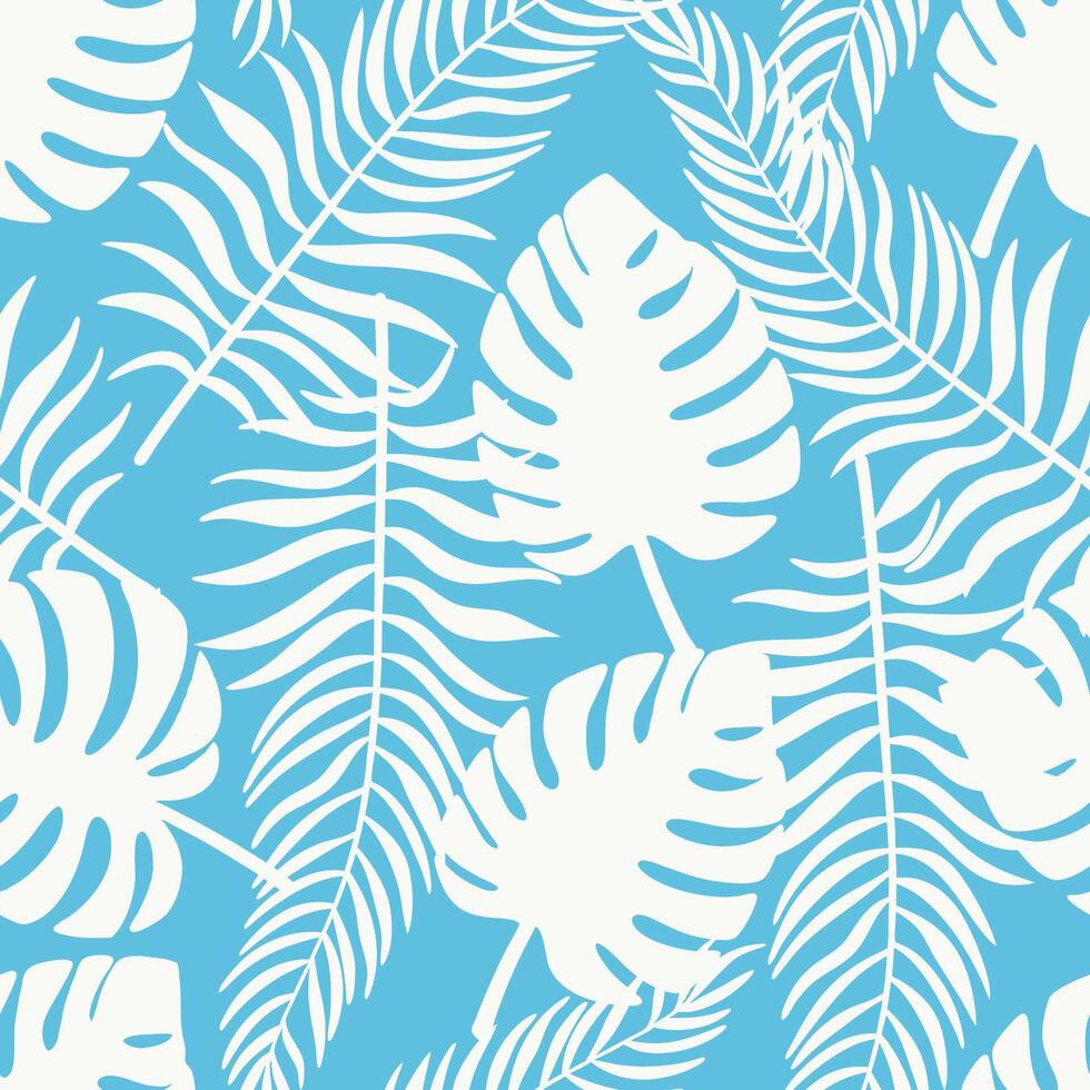 White Tropical Leaves Seamless Pattern on Blue Background Minimal Beach-Inspired Botanical Design vector