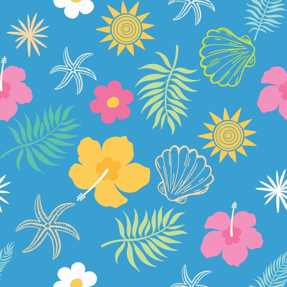 Tropical Seamless Pattern with Flowers, Leaves, Suns Shells on Blue Background Vibrant Summer Beach Design vector