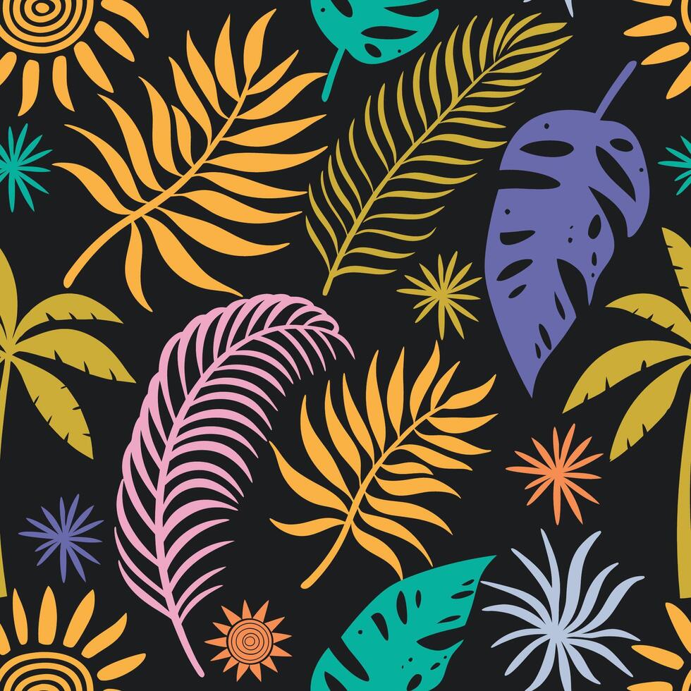 Seamless Tropical Pattern with Colorful Leaves and Sun Icons Vibrant Summer Jungle Design vector
