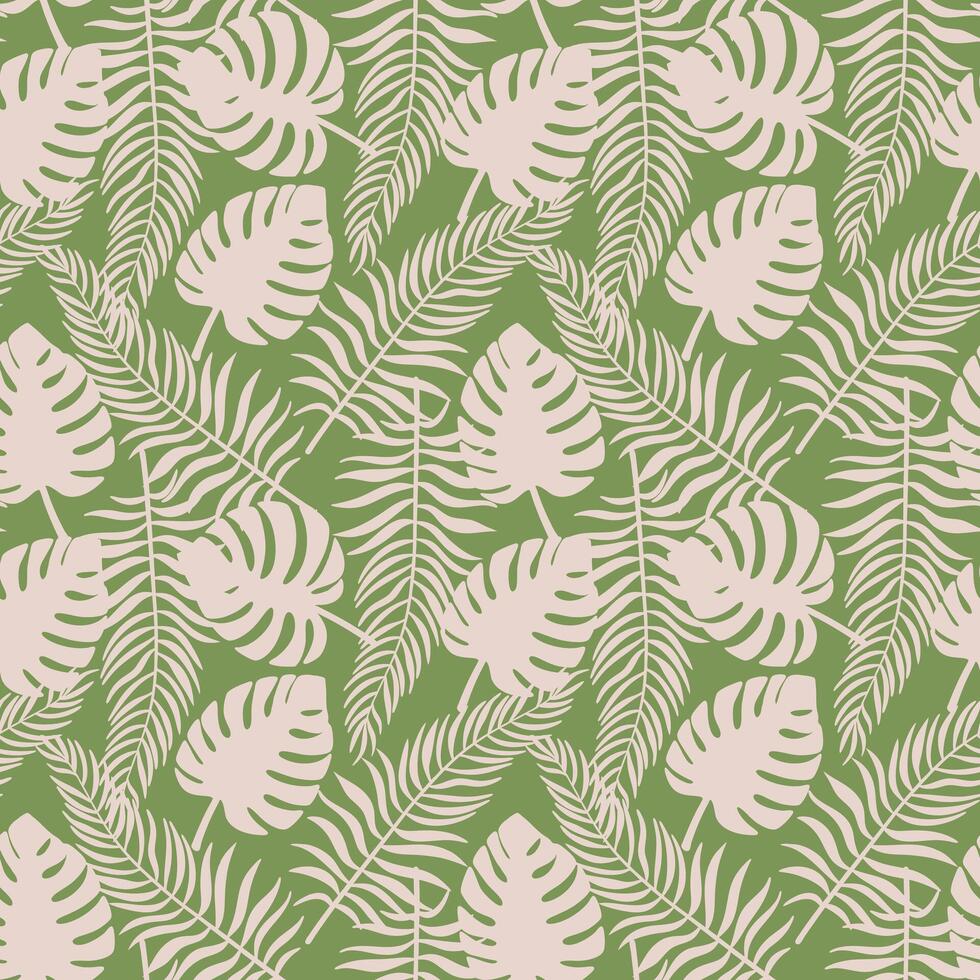 Seamless Monstera and Palm Leaf Pattern Tropical Foliage Design on Green Background vector