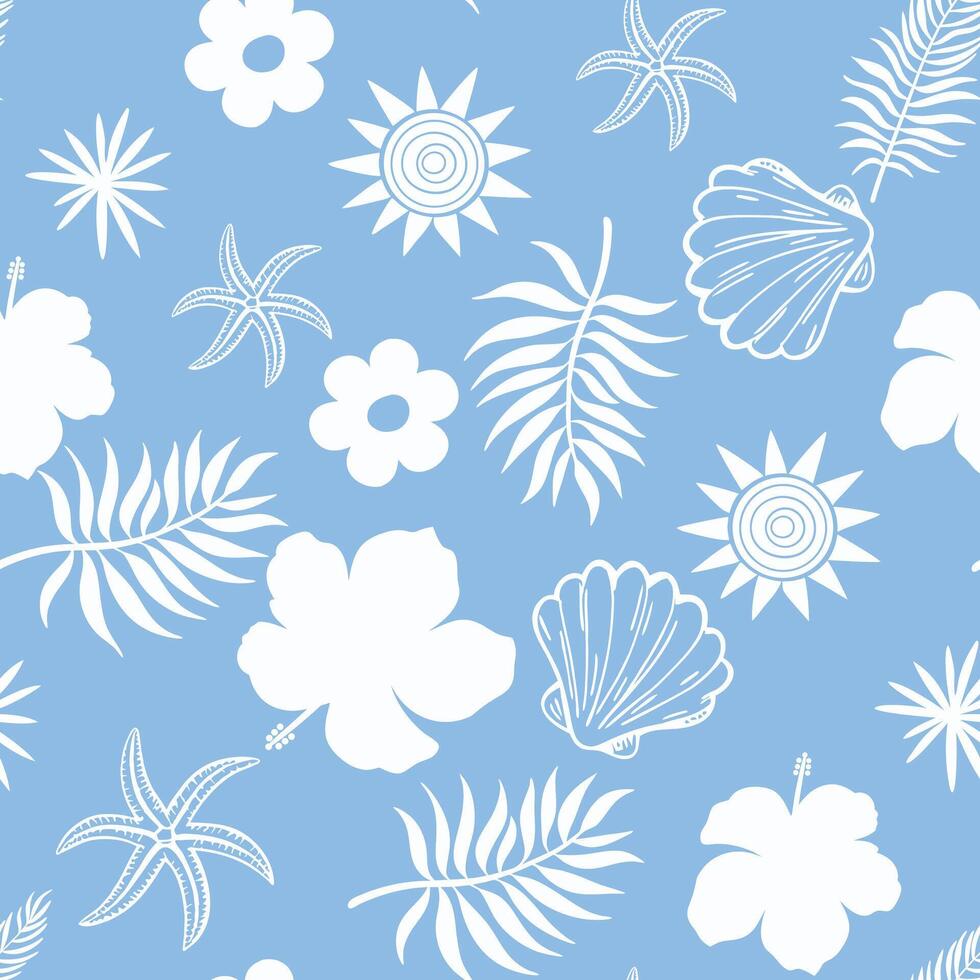 Minimal Tropical Seamless Pattern White Floral and Ocean Elements on Blue Background vector