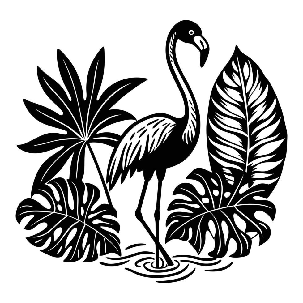 Black and White Flamingo in Tropical Leaves Illustration vector