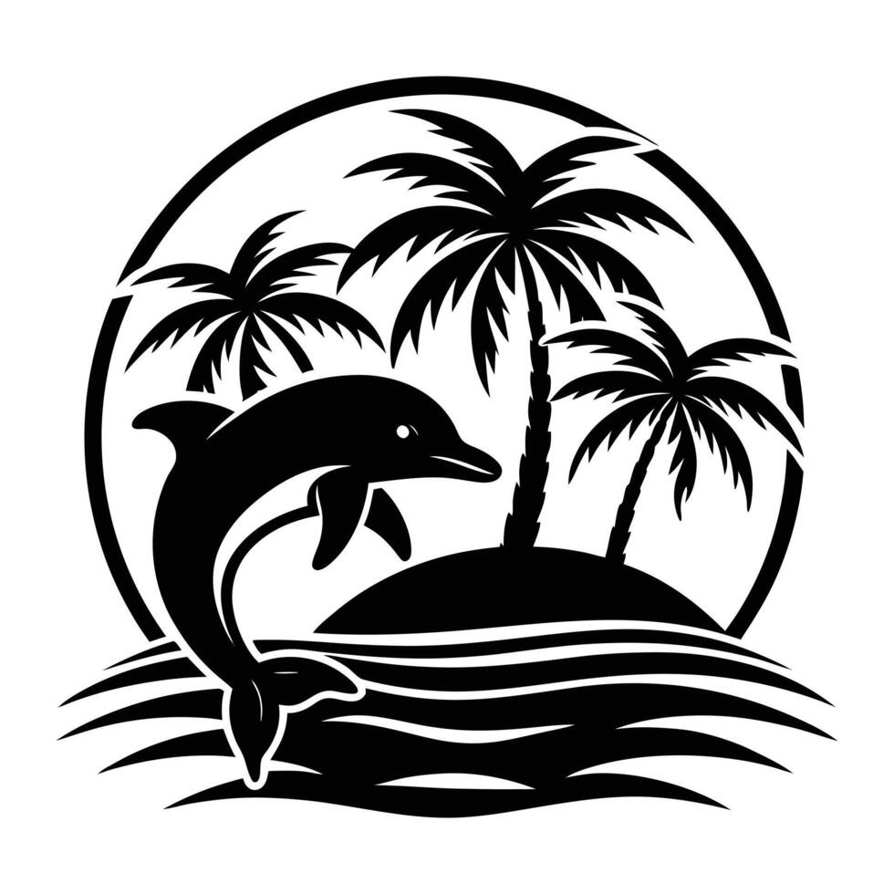 Tropical Island Scene with Jumping Dolphin Silhouette vector