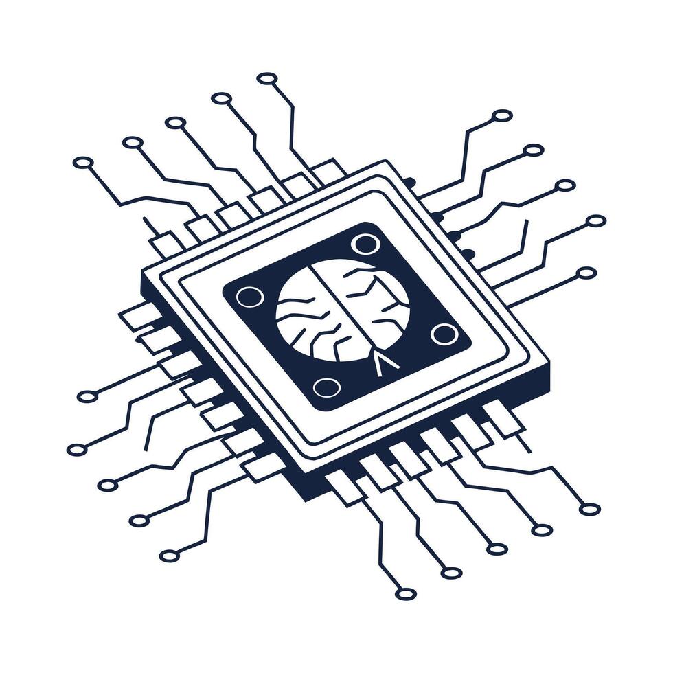 Abstract Microchip with Brain Icon Representing AI Technology vector