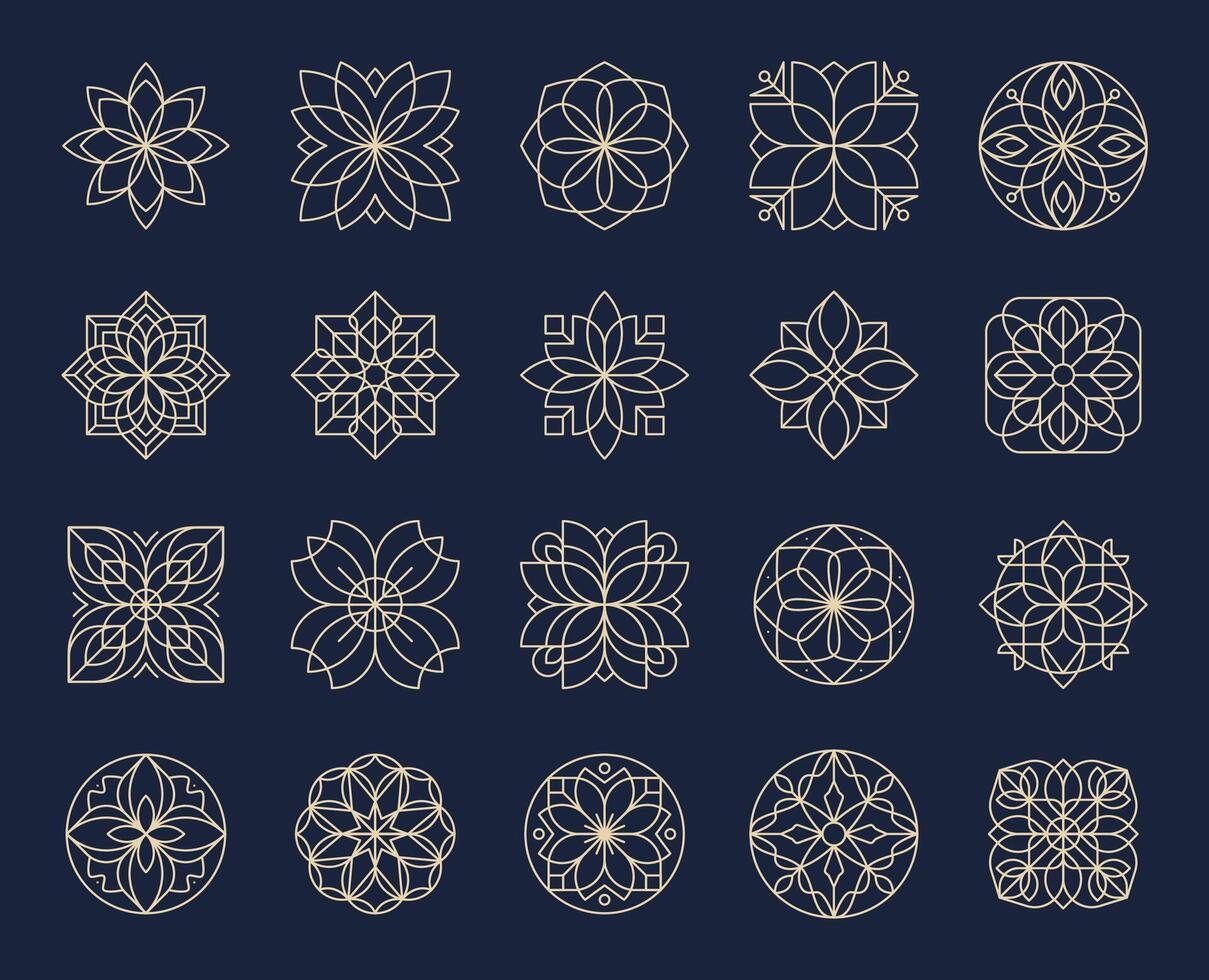 Outline ornate flower icons, symmetrical signs vector