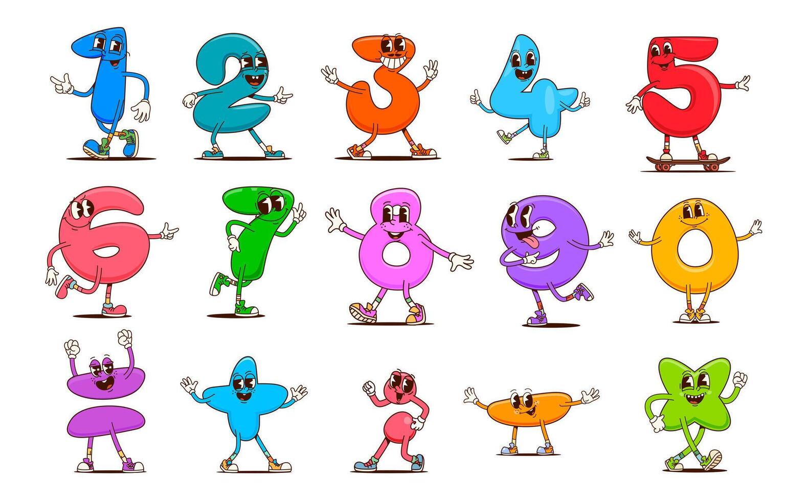 Cartoon math number and symbol groovy characters vector