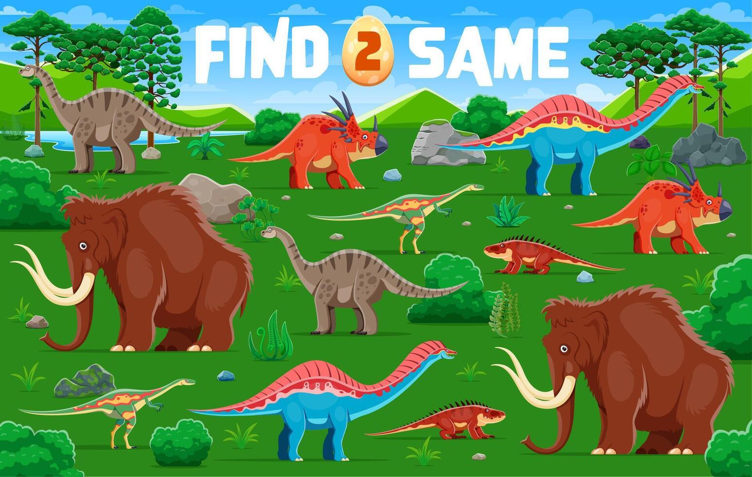 Find two prehistoric dinosaurs kids game worksheet vector