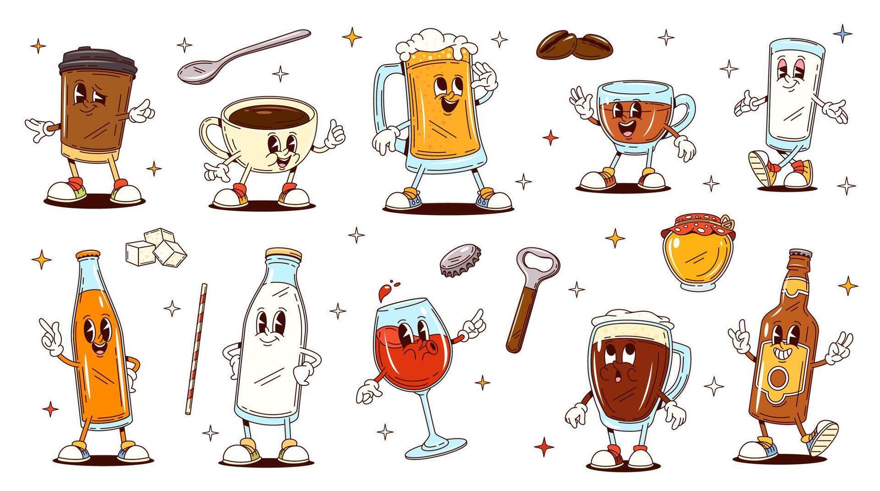 Groovy cartoon drink and beverage characters set vector
