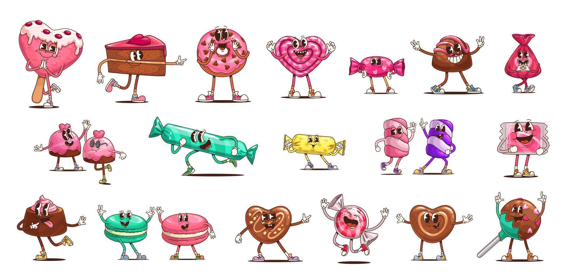 Retro groovy candy, sweets and pastry characters vector