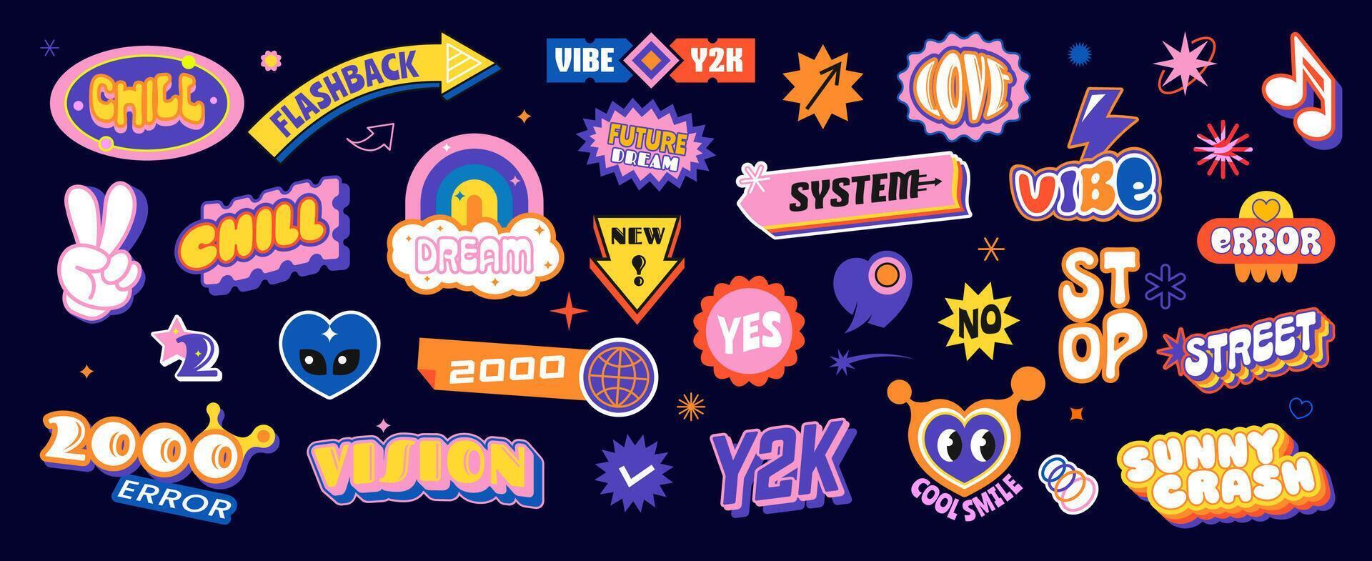 Retro y2k stickers groovy patch icon labels set vector