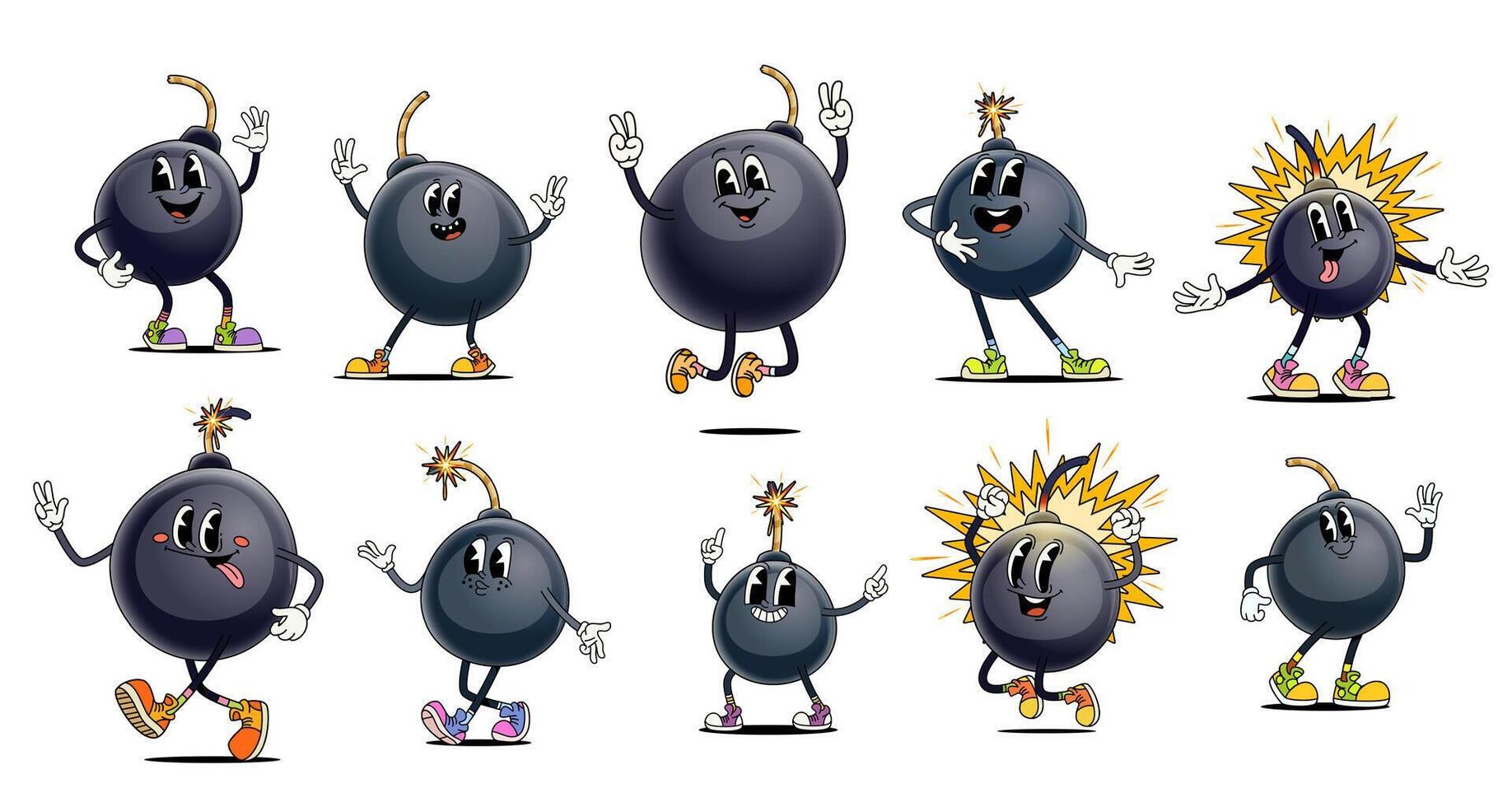Cartoon groovy retro round bomb characters vector