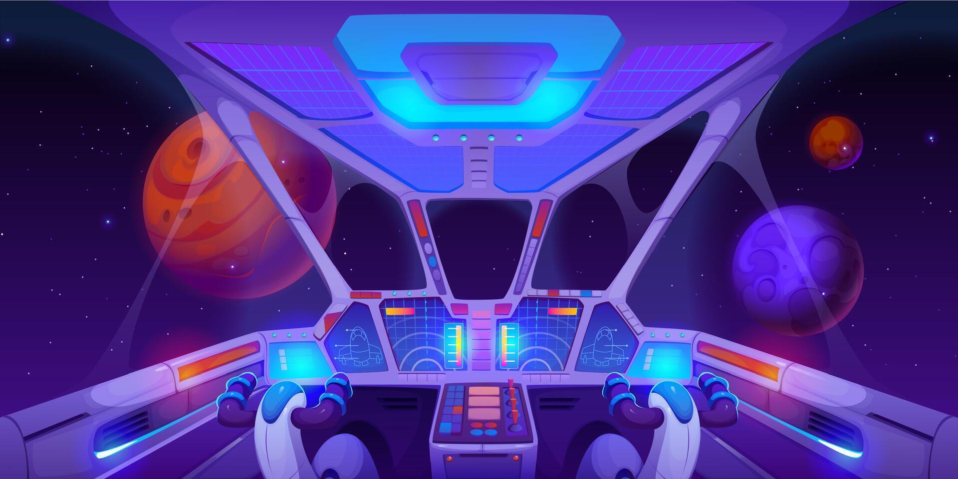 Spaceship cockpit interior, cartoon control panel vector