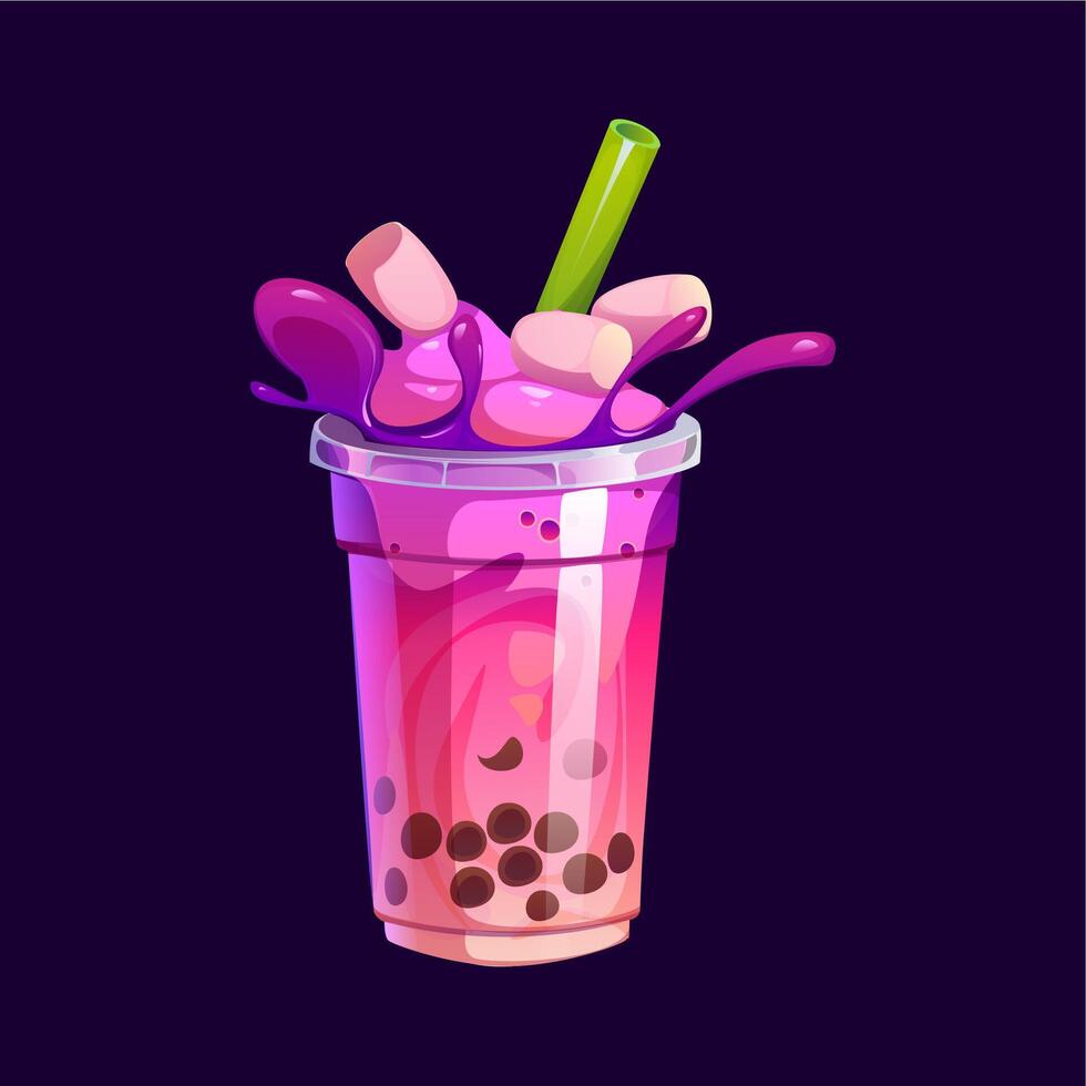 Cartoon milk bubble tea glass, purple boba drink vector