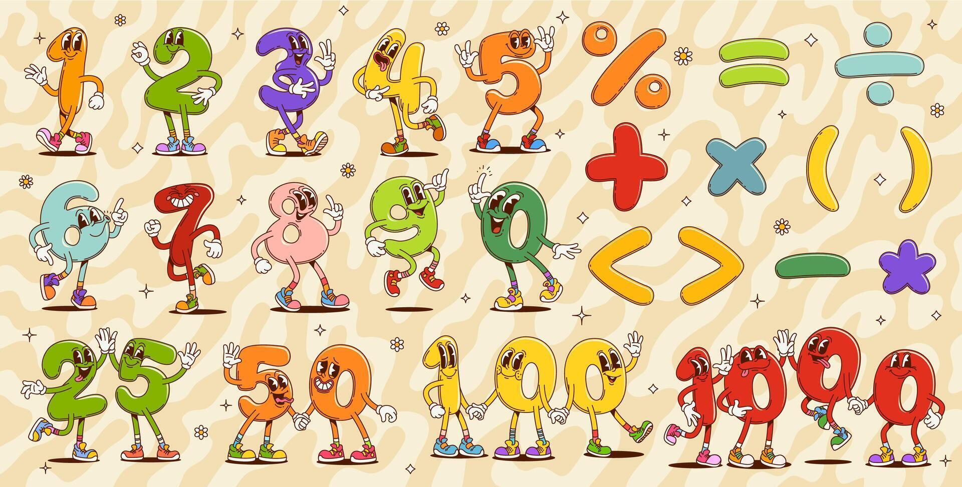 Cartoon groovy math number characters vector