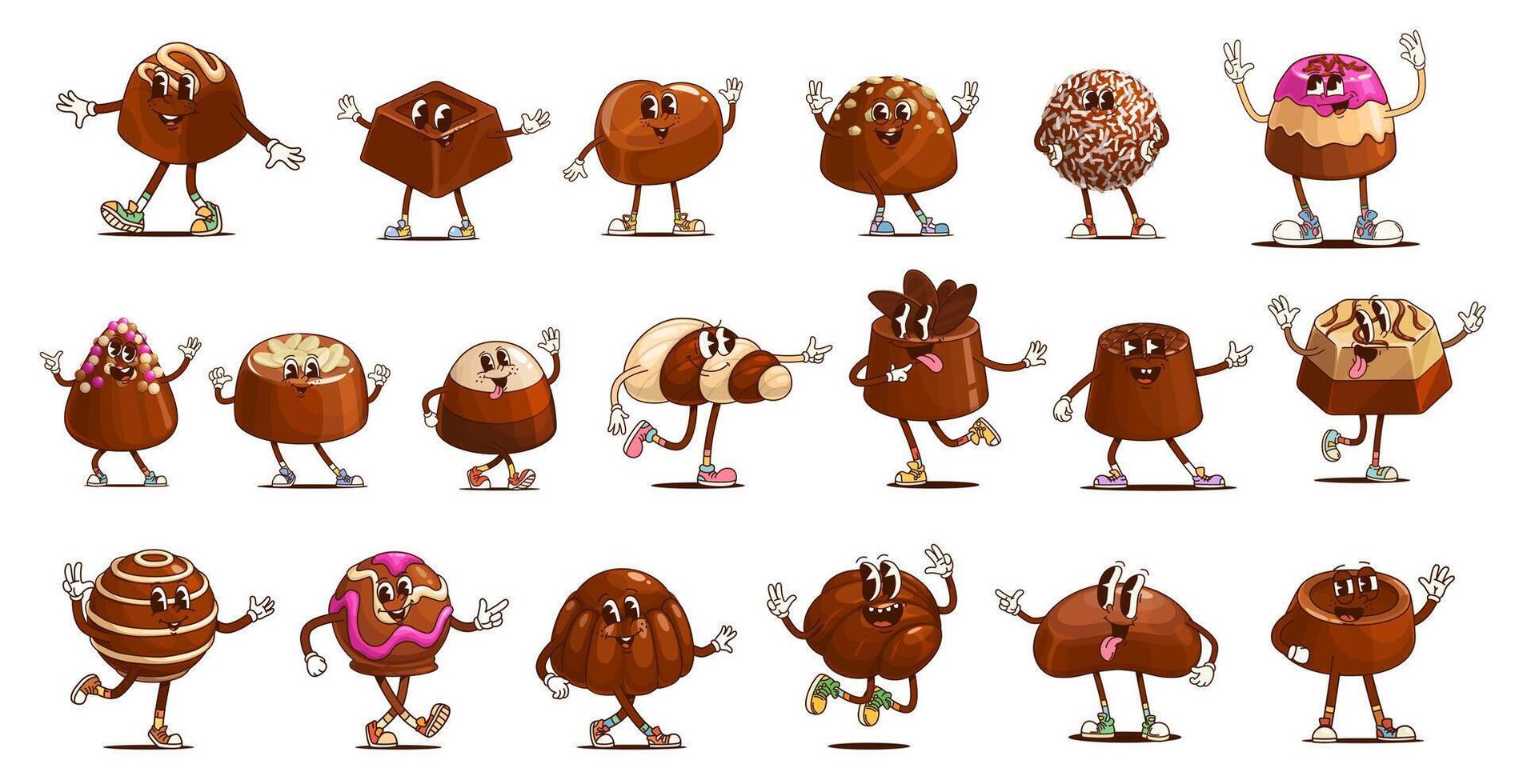 Groovy chocolate candy and sweets characters vector