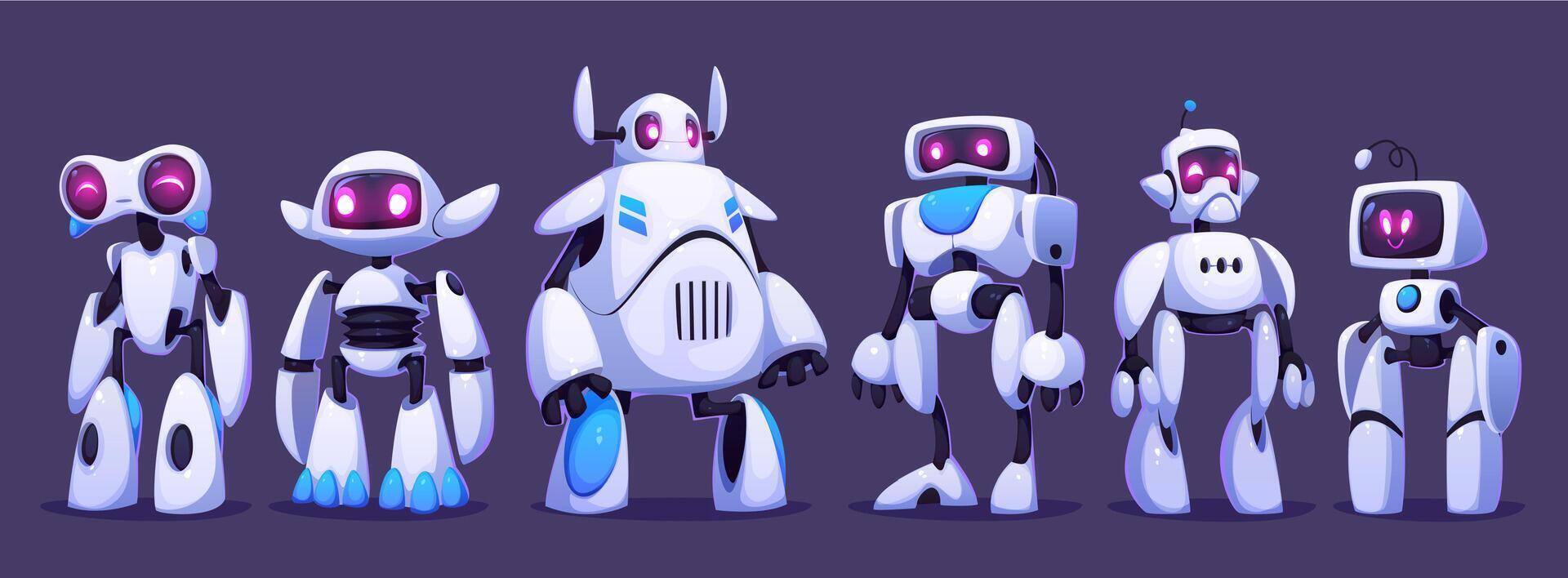 Futuristic robots, cartoon droid mascot characters vector
