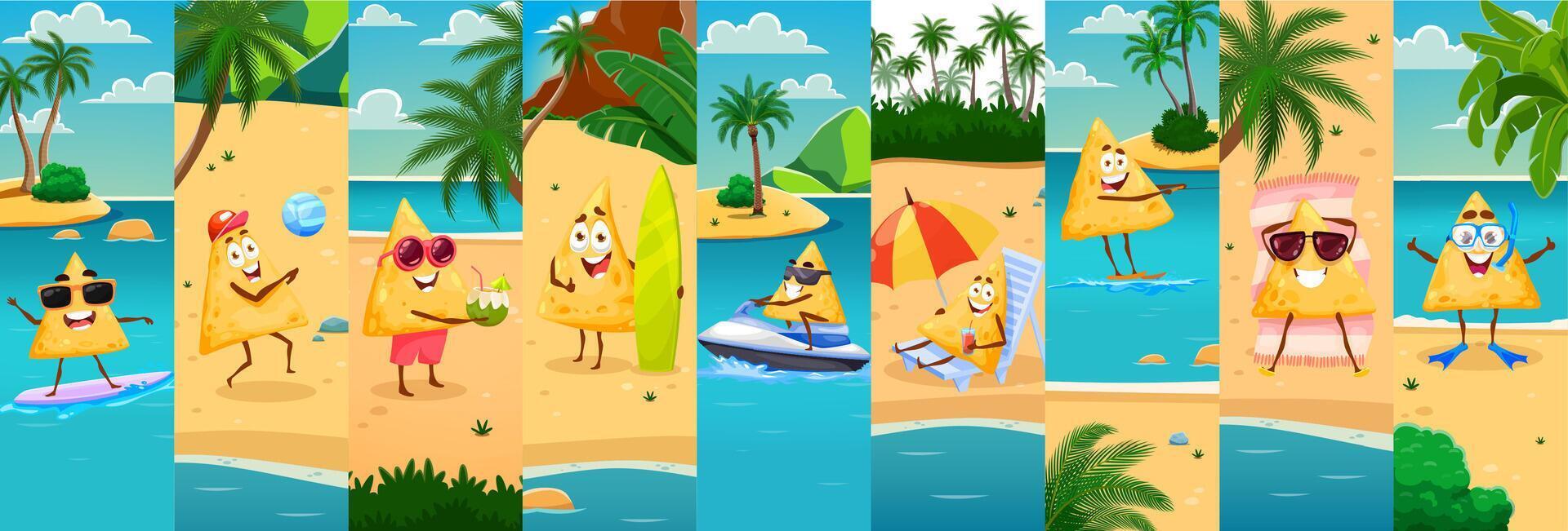 Nachos chips characters on summer beach vacation vector