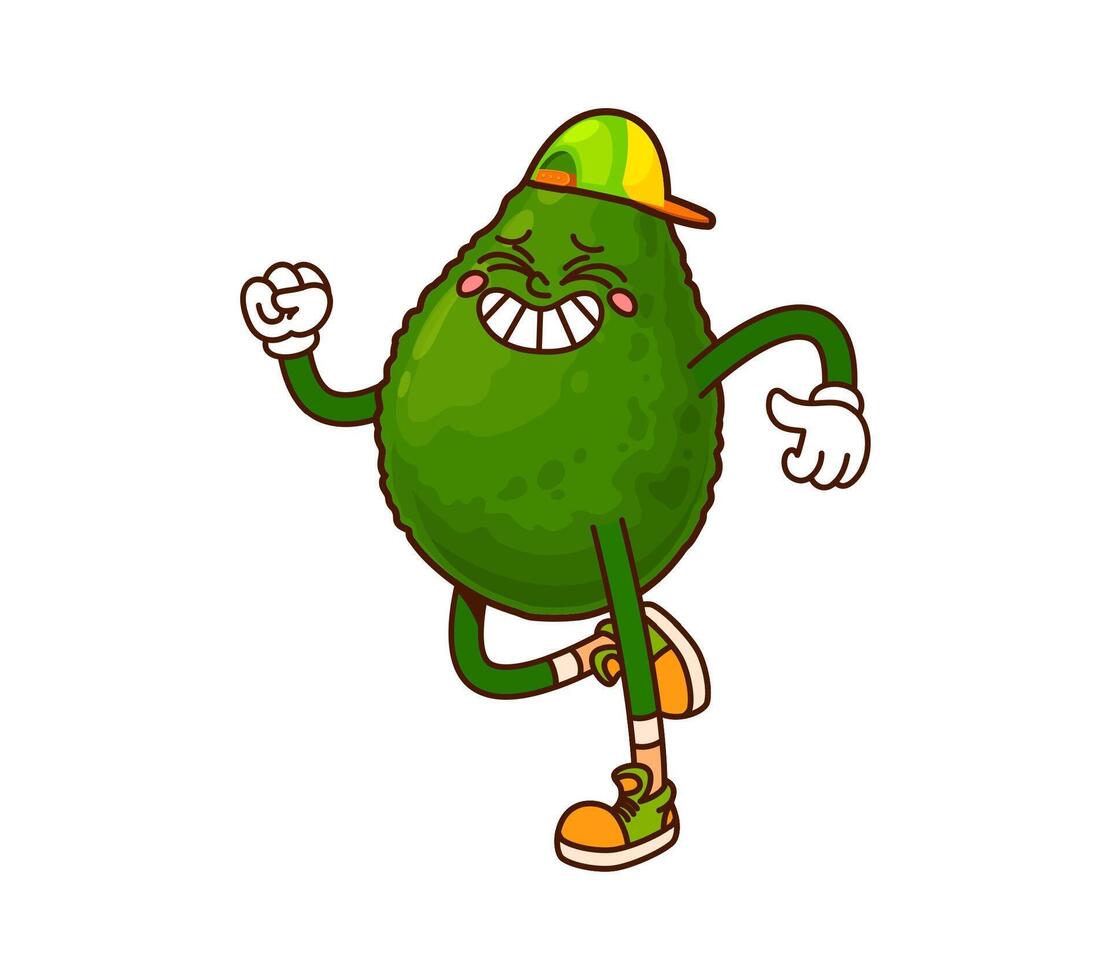 Running avocado groovy cute character wearing cap vector