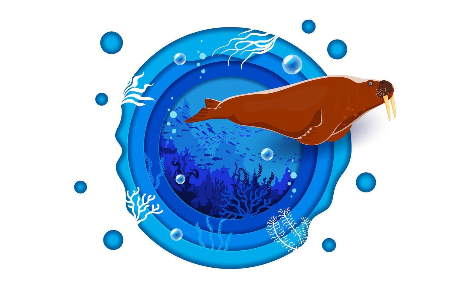 Paper cut landscape with walrus character vector