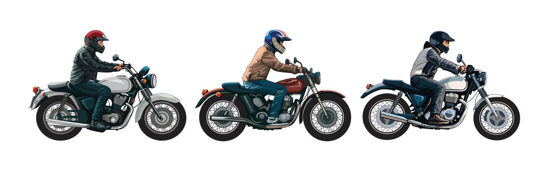 Motorcycle riders with their bikes on the road, illustration. vector