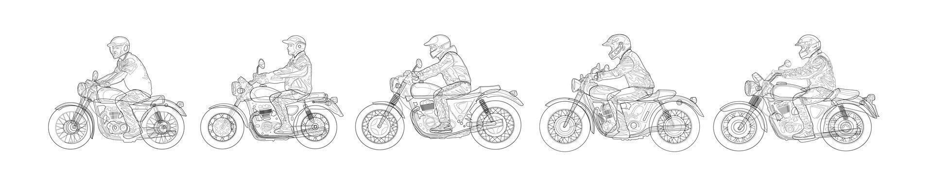 Motor riders sketch line art style collection illustration isolated on a white background vector