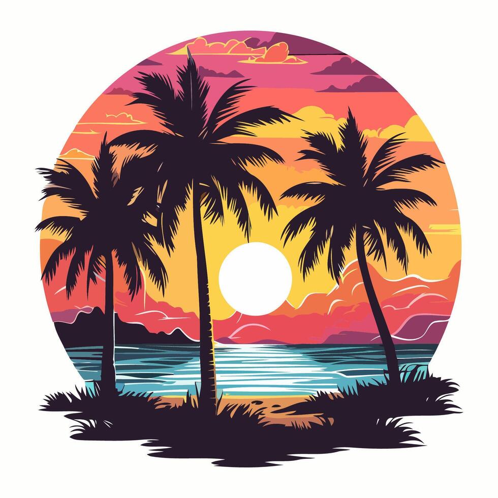 Colorful Sunset With Beach And Palm Trees vector