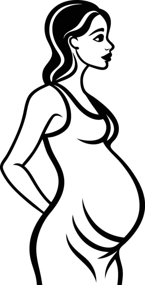 A pregnant woman in a dress is shown in black and white vector