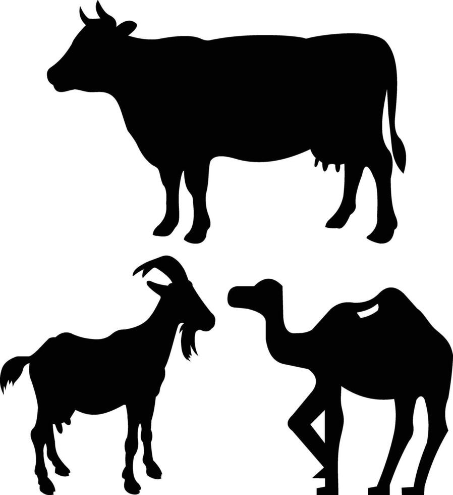 Cow Goat Camel Animal Silhouette Set Black Farm Wildlife Icons vector