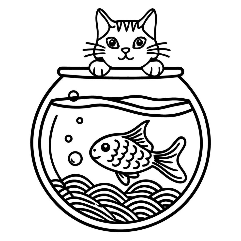 curious cat peeking over fishbowl playful pet illustration, adorable kitty and goldfish drawing vector