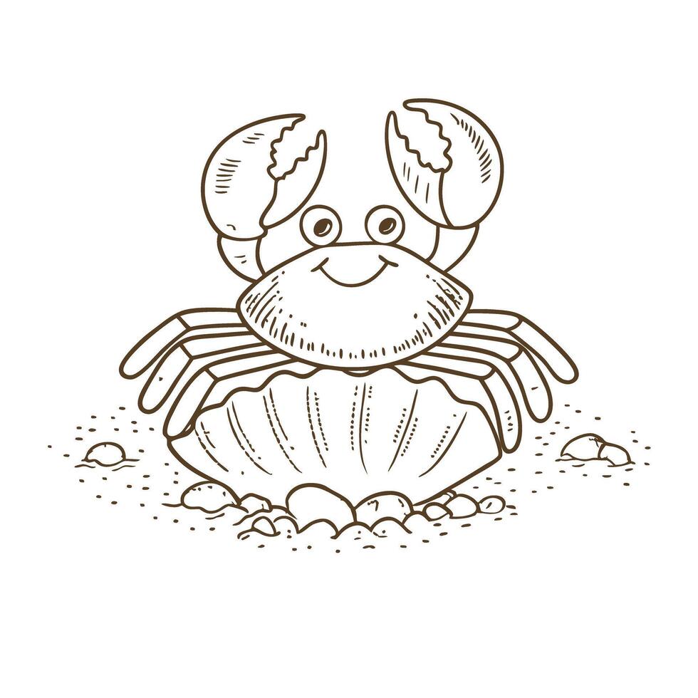 Smiling crab outline sketch on sandy beach with shell details and rocks vector