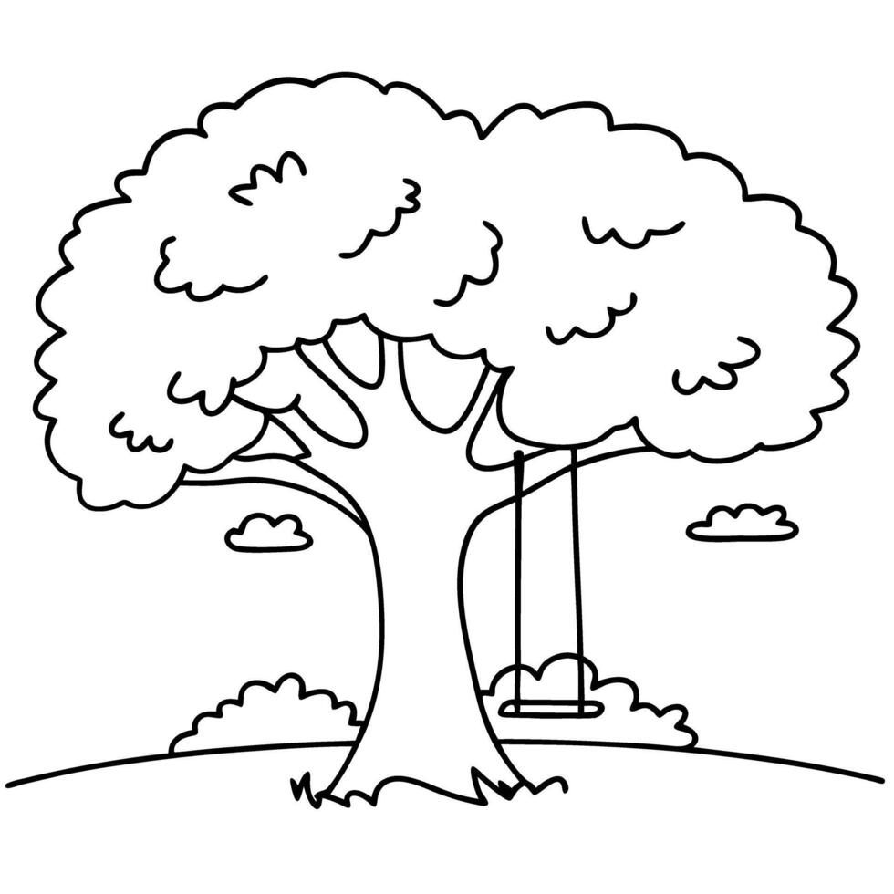 Large tree with swing in simple line art, outdoor fun and childhood nostalgia vector