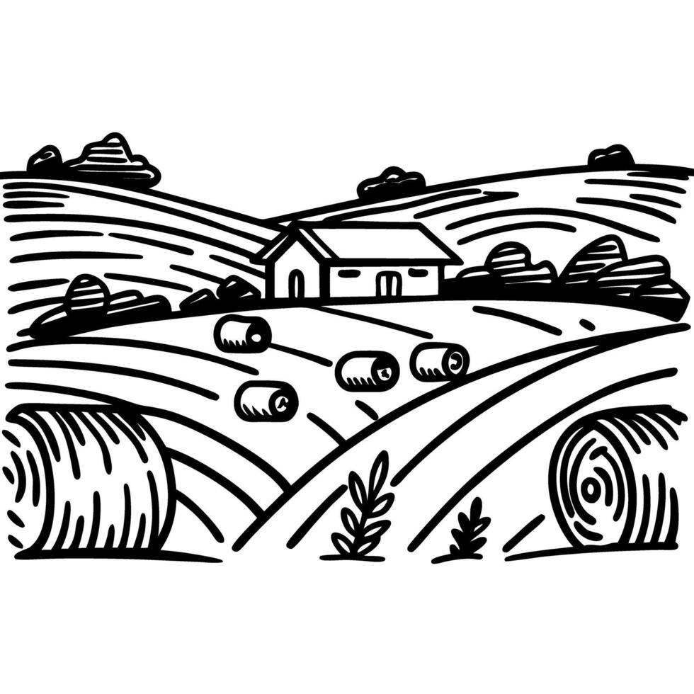 Rural farm landscape with hay bales, rolling hills, and barn illustration vector