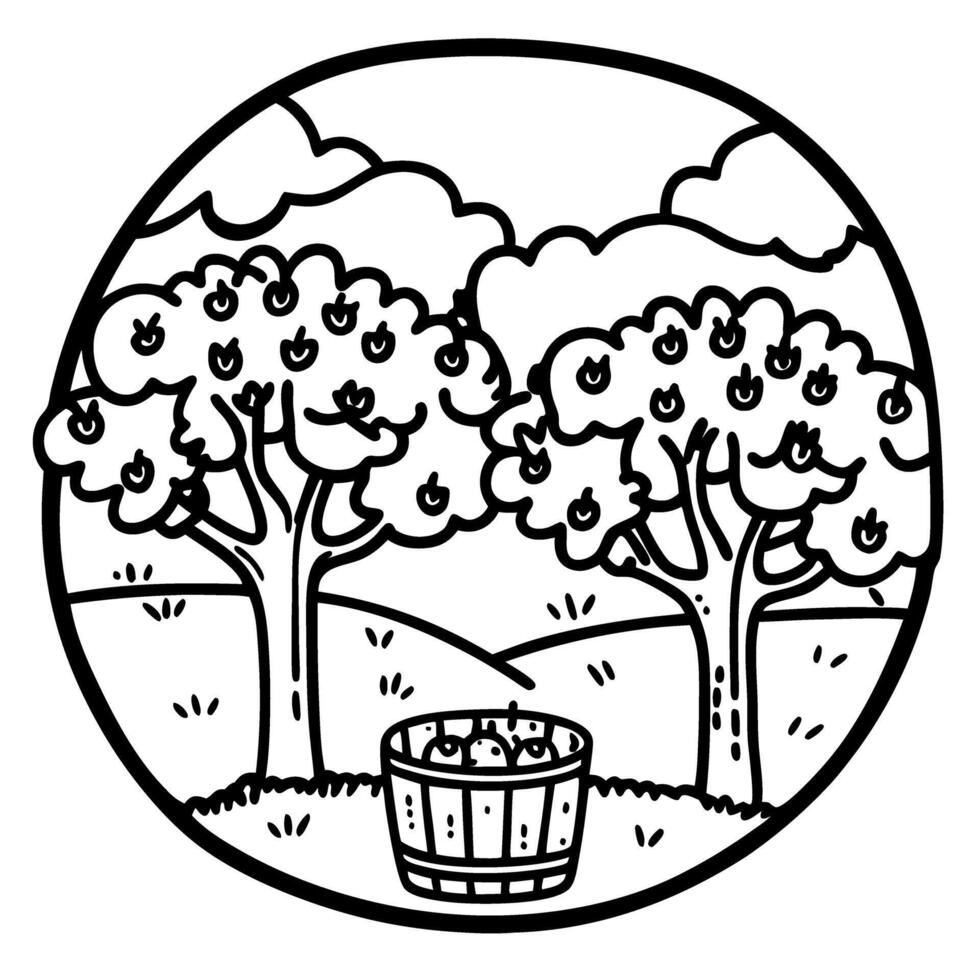 Orchard with apple trees and harvest basket in a scenic landscape vector