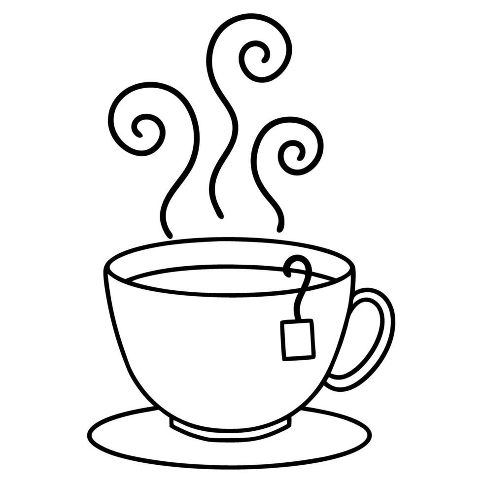 steaming tea cup illustration with tea bag simple black and white line art design vector