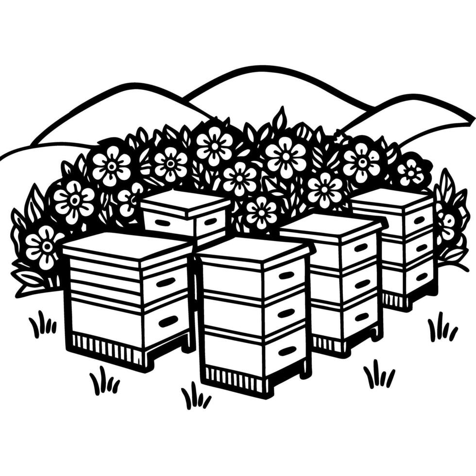 Beehives in blossoming field, honey production concept in natural landscape with mountains vector