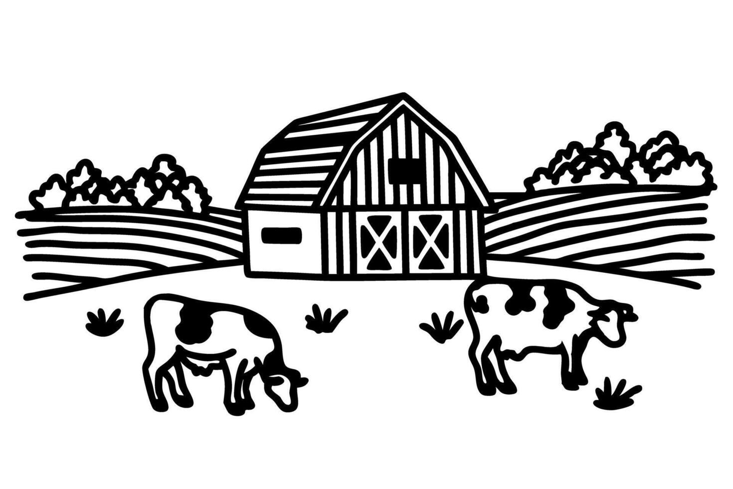 Farm life illustration cows grazing by a barn surrounded by fields and trees vector