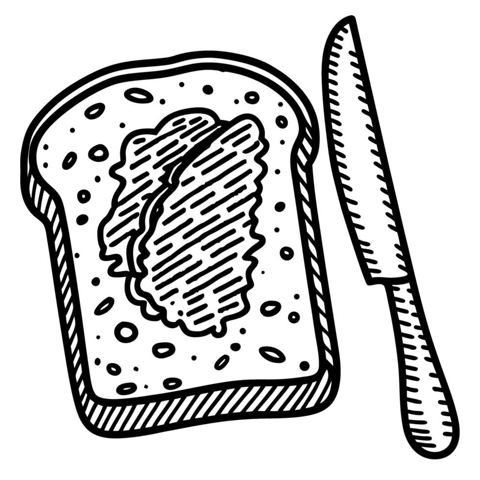 Hand drawn sliced bread with butter and knife rustic kitchen illustration, black and white sketch vector