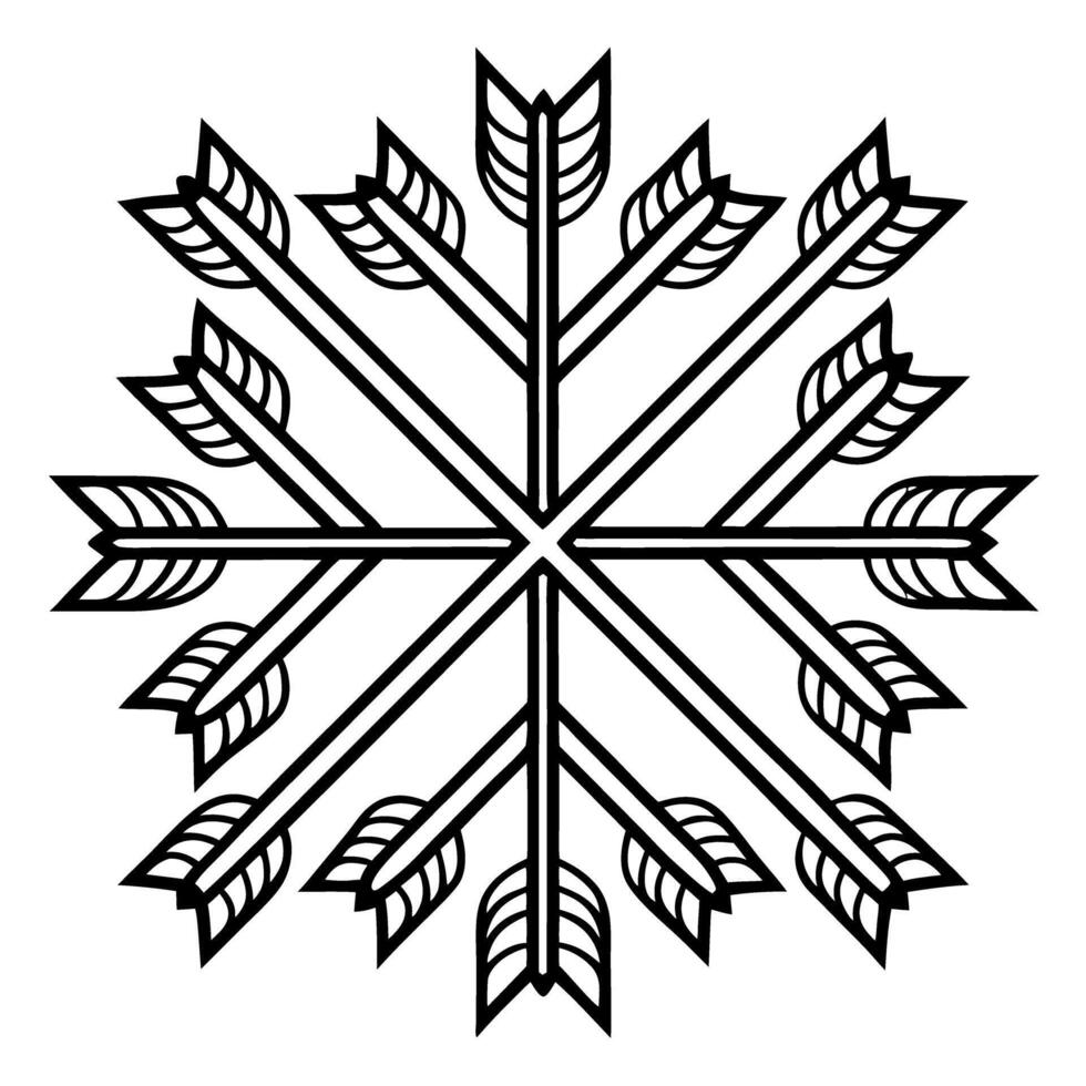 Geometric arrow snowflake design, symmetrical black and white art pattern abstract vector