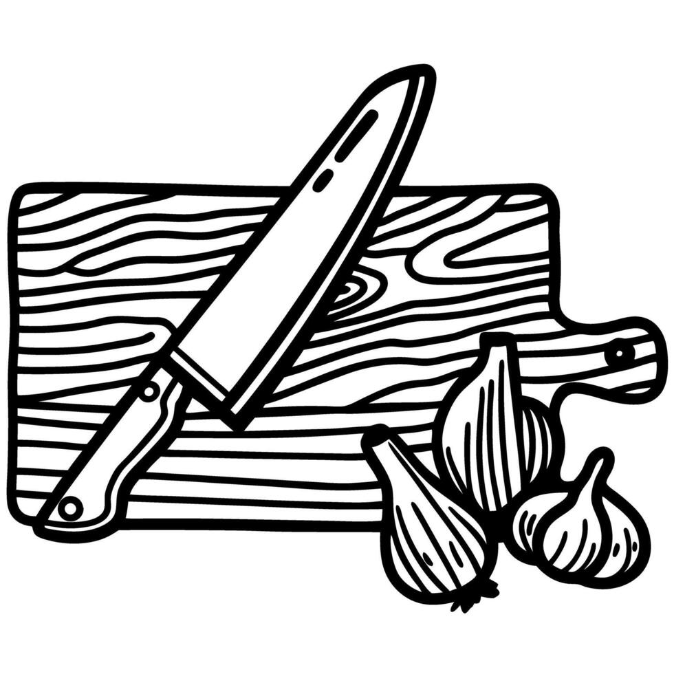 Knife and onions on cutting board kitchen preparation and cooking essentials illustration vector